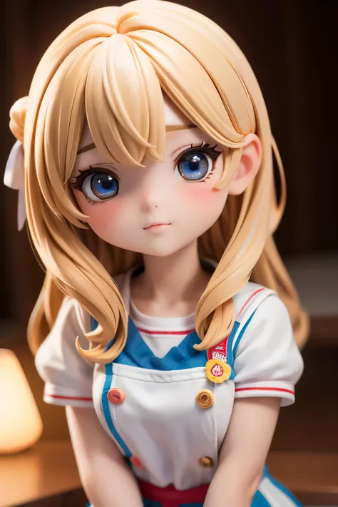 Chibi Girl Doll、Wearing a fast-food restaurant uniform、Very detailed、Ultra-realistic、Photorealistic、8K、Hyperrealistic、masterpiece、Beautiful detailed eyes、Beautiful detailed lips、Very detailedな顔、Long eyelashes、Beautiful young girl、Calm expression、Warm color...