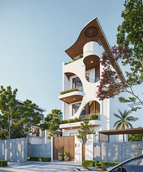 PLATEFORME KTHOUSE, Beaucoup de belles fleurs rouges le long de la route:1.3, Romantique, 1 maison de style néoclassique, La maison de ville est faite de murs blancs, Belle lumière, journée de beauté, ensoleillé, Beaucoup de bougainvilliers rouges le long ...