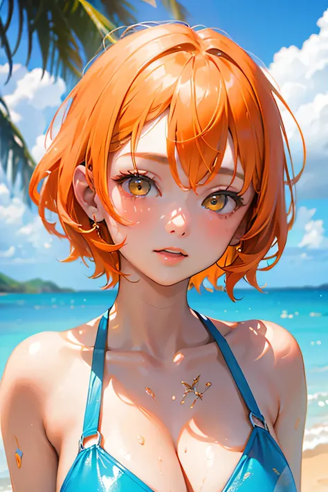 A lovely adult woman wearing a sky blue swimsuit、1 person、((Orange short hair))(Yellow Eyes)、Hawaii Background、Face close-up