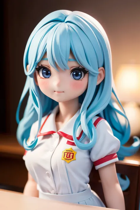 Chibi Girl Doll、Wearing a fast-food restaurant uniform、Very detailed、smile、Ultra-realistic、Photorealistic、8K、Hyperrealistic、masterpiece、Beautiful detailed eyes、Beautiful detailed lips、Very detailedな顔、Long eyelashes、Beautiful young girl、Calm expression、Warm...