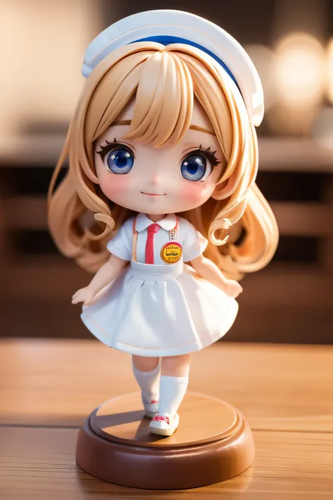 chibi girl doll、wearing a fast-food restaurant uniform、very detailed、smile、ultra-realistic、photorealistic、8k、hyperrealistic、mast...