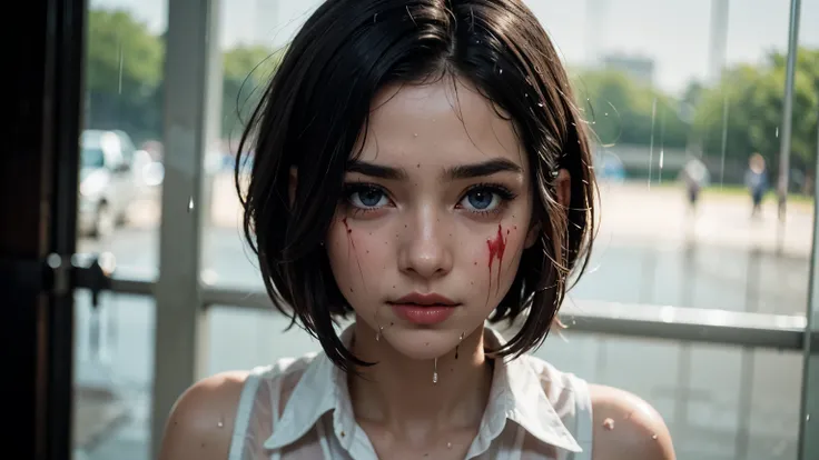 35mm film, solo, bob cut, makeup, blue eyes, , (formal shirt) (skirt) (((rain))) (((blood))) upper body, epiCPhoto,focus on face, close to viewer, intricate lines, intriguing atmosphere, sharp magnificent details, delicate features, elaborate details, beau...