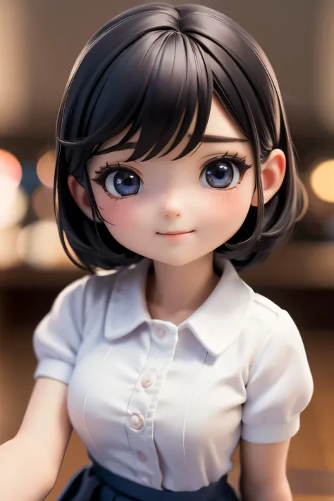 Chibi Girl Doll、Wearing a fast-food restaurant uniform、Very detailed、smile、Ultra-realistic、Photorealistic、8K、Hyperrealistic、masterpiece、Beautiful detailed eyes、Beautiful detailed lips、Very detailedな顔、Long eyelashes、Beautiful young girl、Calm expression、Warm...