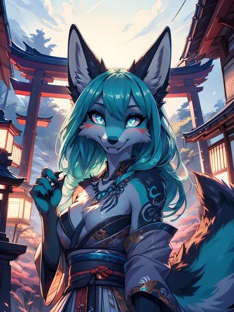 Miku Hatsune x vixen high definition good anatomy add_detail:1, blue fur,kitsune ears, tribal tattoo add_detail:1, cute girl add_detail:1, feudal priestess clothing add_detail:1, japanese shrine landscape add_detail:1, japanese shrine costume add_detail:1,...