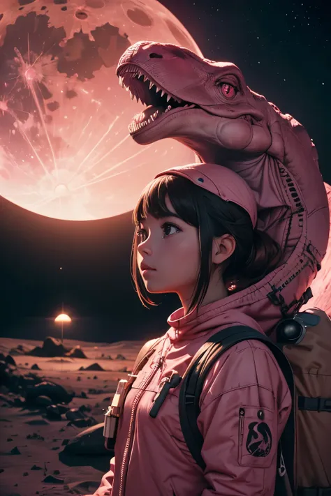 a pink dinosaur on the moon,(1girl:1.3),highly detailed,intricate details,hyper realistic,cinematic lighting,8k resolution,masterpiece