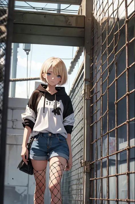 ((20-year-old woman,Blonde short bob hair,She is walking through an huge chain link fence in the Uneasy atmosphere world)),inside the monochrome world,There are monsters in the chain link fence,Uneasy atmosphere.