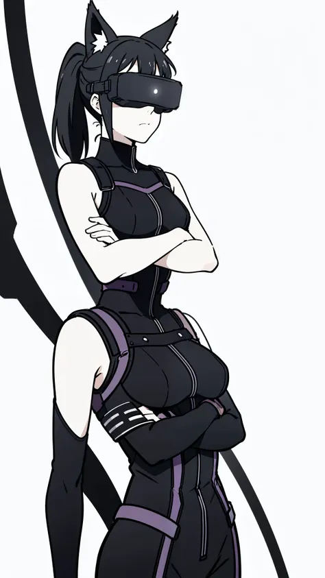 (1girl,20 years old,mature female),solo,angry,black hair,ponytail hair,short hair,fox ears,black bodysuit,sleeveless,(white background,line drawing),from front,crossed arms,head-mounted display