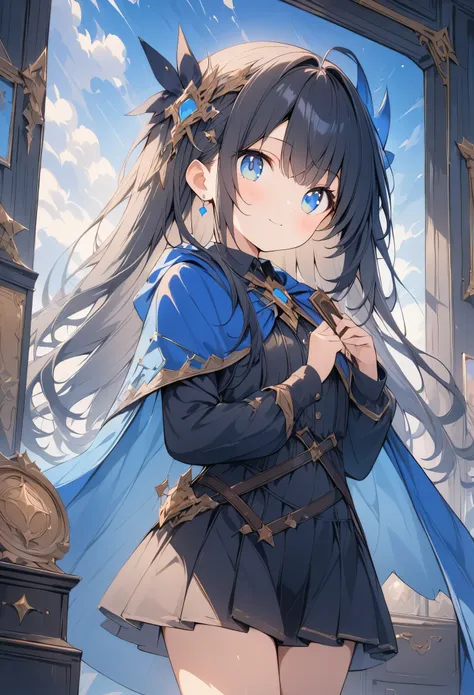 超High resolution, Attention to detail, high quality, High resolution, 最high quality, 4K, 8K, Awards, (artwork)、Clear sky、cute、Black Hair、short、hair ornaments、A work that emphasizes the sky and blue、posters、(Costumes of fantasy world:1.2)、(Blue Cape:1.37)