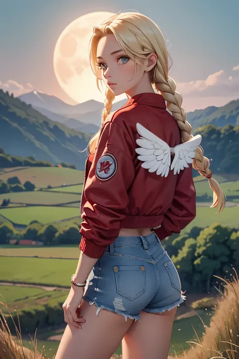 Kizi, white, 20 year. blonde with two long braids, Red cropped jacket with wings drawn on the back, Shorts Jeans e Tenis, in a rural landscape, looking at the full moon in the sky