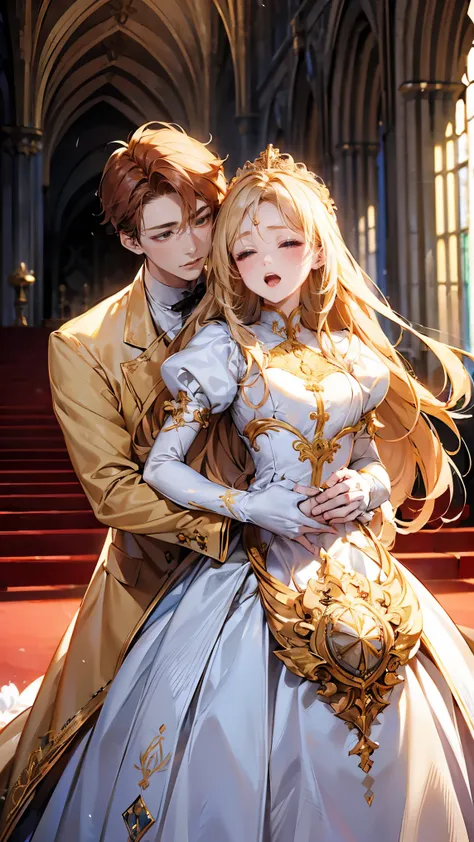 In front of the majestic church altar、（Blurred Background）、Bright light、golden long hair girl、classic white wedding dress、（Elegant luster）、（Lots of races）、Lots of ribbons、((Voluminous puff sleeves))、Long cuffs with lots of buttons、Gold embroidery、Long trai...