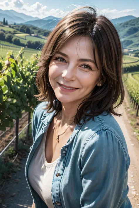 woman 58 years old, Italian, smiling in a vineyard with the road landscape in the background
