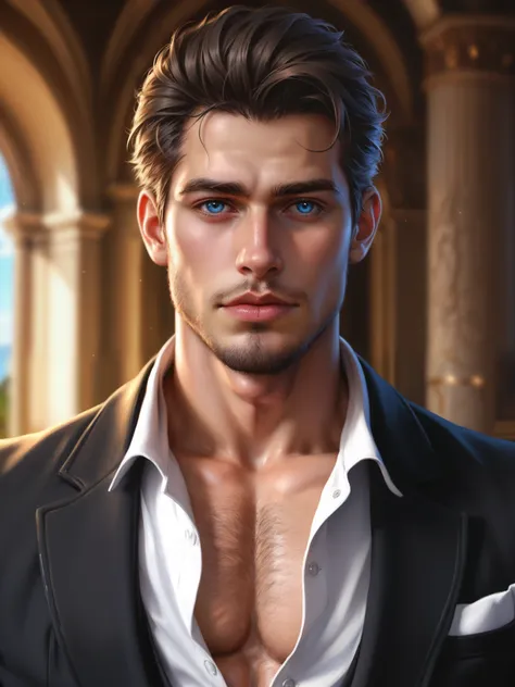 score_9, score_8_up, realistic, a handsome man, chest showing, body hair, artwork, best quality, high resolution, close-up portr...