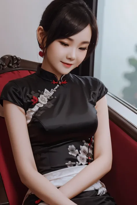 (Black and red cheongsam), (A 20-year-old female,Permanent), (Surrealism), (high-definition), ((short hair:0.5)), (smooth black hair), (gentle smile), (shut your mouth)