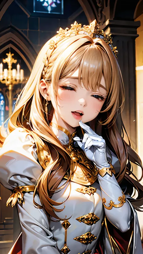 In front of the majestic church altar、（Blurred Background）、Bright light、golden long hair girl、classic white wedding dress、（Elegant luster）、（Lots of races）、Lots of ribbons、((Voluminous puff sleeves))、Long cuffs with lots of buttons、Gold embroidery、Long trai...