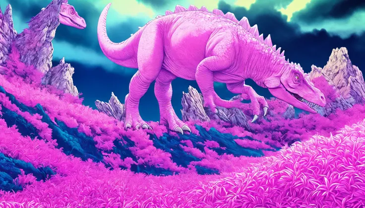 Pink Dinosaur, Surrealism, hyperRealistic, detailed fur texture, Realistic anatomy, Dynamic pose, Dreamy Background, Vibrant colors, Dramatic lighting, Mysterious atmosphere, (Highest quality,8K,High resolution,masterpiece:1.2),Super detailed,(Realistic,ph...