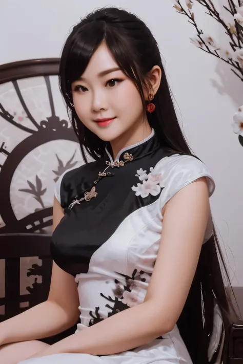 (Pink lace cheongsam), (A 20-year-old female,Permanent), (Surrealism), (high-definition), ((long hair:0.5)), (smooth black hair), (gentle smile), (shut your mouth)