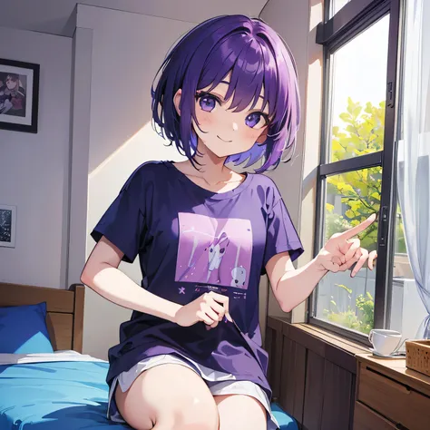 (T Masterpiece，4k wallpaper，Best Quality))、((girl１people))、(solo)、Bright and Brilliant，(Purple Hair)、(short hair:1.3)、smile、Bedroom、T-Shirts、morning