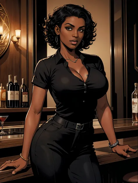 Cardinal, a gorgeous bartender woman with (dark skin, short curly black hair) wearing a black polo, tight slacks. Athletic, huge breasts, wide hips. Short curly black hair, mixing a drink. Confident. At a high-end bar, luxury hotel. cleavage.