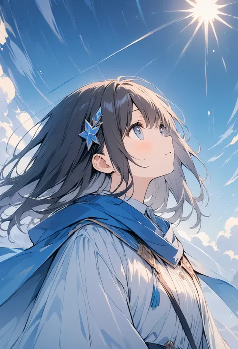 超High resolution, Attention to detail, high quality, High resolution, 最high quality, 4K, 8K, Awards, (artwork)、Clear sky、cute、Black Hair、short、hair ornaments、A work that emphasizes the sky and blue、posters、(Costumes of fantasy world:1.2)、(Blue Cape:1.37),L...