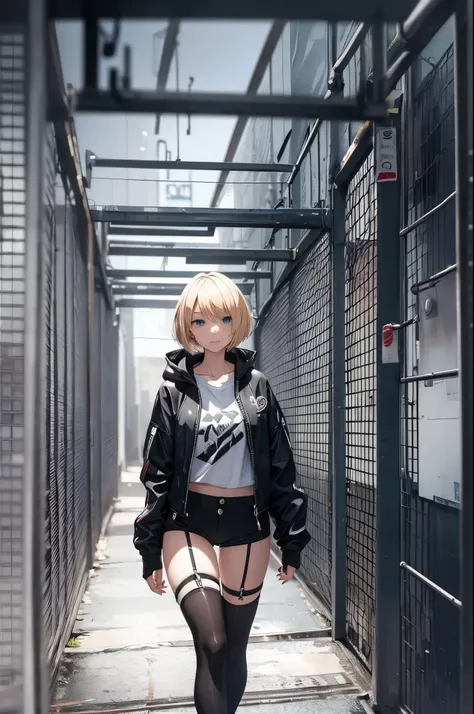 ((20-year-old woman,Blonde short bob hair,She is walking through an huge chain link fence in the Uneasy atmosphere world)),inside the monochrome world,There are monsters in the chain link fence,Uneasy atmosphere.