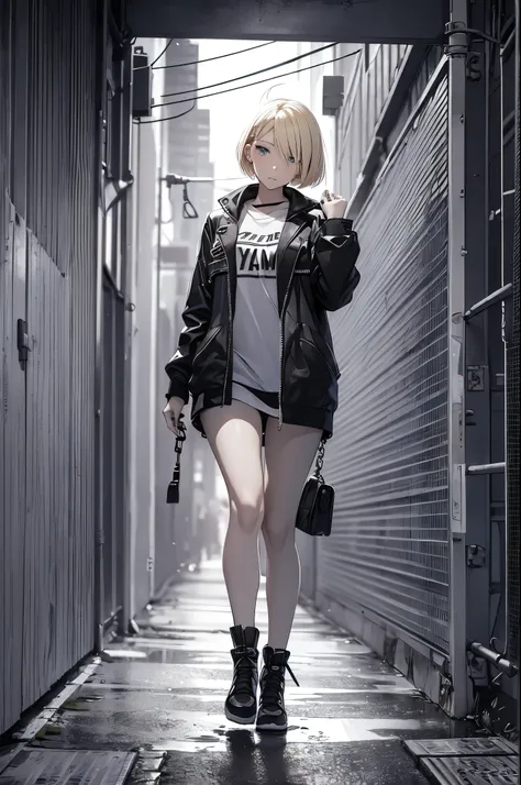 ((20-year-old woman,Blonde short bob hair,She is walking through an huge chain link fence in the Uneasy atmosphere world)),inside the monochrome world,There are monsters in the chain link fence,Uneasy atmosphere.