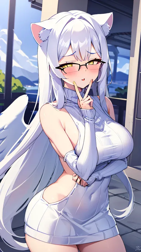 An 18 year old female angel with long, white hair, yellow eyes, white cat ears, and large white angel wings. yellow halo ring round white glasses (White halter turtleneck sweater, purekiller sweater, sleeveless, sexy backless sweater) white arm warmers fin...