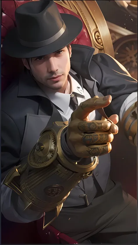 arafed image of a man in a hat and a suit holding a clock, stanely artgerm, iconic character splash art, character splash art, artgerm detailed, steampunk male portrait, range murata and artgerm, artgerm. high detail, artgerm and ilya kushinov, official sp...