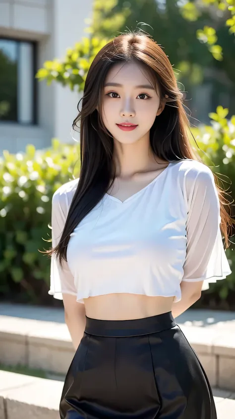 by the sea，There is a beauty that catches the eye。She has a slim figure，Wear a short skirt，Crop topping，Dance，It looks more elegant。In terms of appearance，She has long black and shiny hair，The skin is as fair as jade，The facial features are delicate and pi...