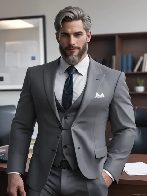 score_9, score_8_up, realistic, a handsome mature man, 45 years old, beard, gray hair, wearing a suit, in the background a luxur...