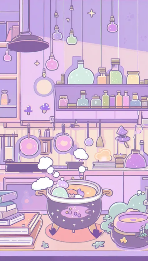 cute, witchy, kitchen, with bubbling cauldron, light colors, pastel colors, potions, books, magical mushrooms