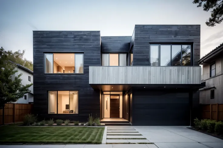 ((mejor calidad)), ((Obra maestra)), (detallado), a photograph of a modern two-story house with a flat roof, featuring large glass windows and a stone facade. The house has a sleek design with clean lines and a contemporary architectural style, in a strret...