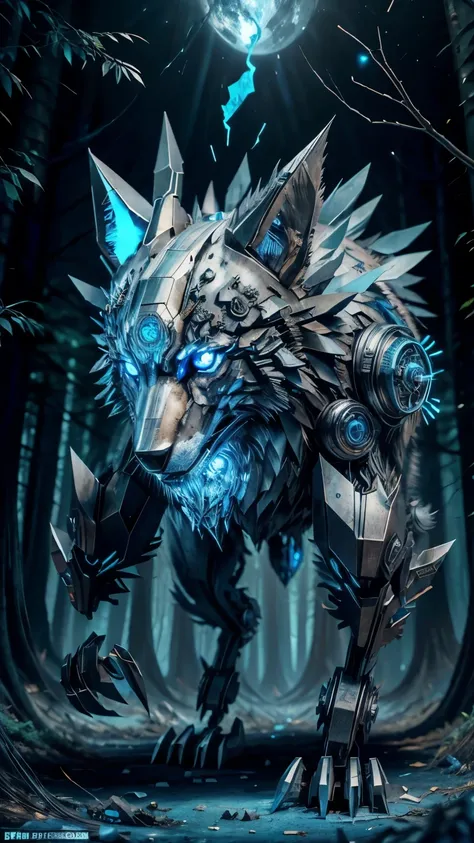 A Mechanical Wolf, metal with blades on the back blue eyes with blue fire, with giants, Very sharp claws, No fundo, a forest with several burning wreckages. ultra-realistic image, detailded.