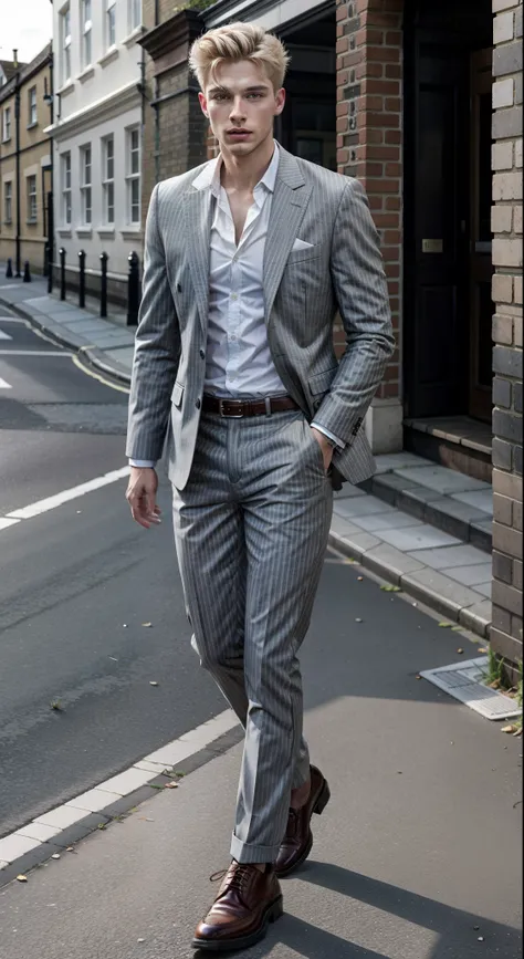 High resolution image of white skinned blond man, brawny, showing full body, braços brawnys, wearing a gray pinstripe suit, wearing caramel leather buckle shoes, walking in deserted London, With Sun, looking at camera, perfect italian style face, fine nose...