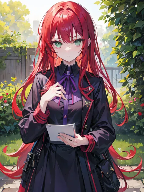 girl, green eyes, long red hair, she hair messy wavy. wear purple black uniform, arogant, independent woman, thug. bad girl. itimidating women. glare. background in garden.