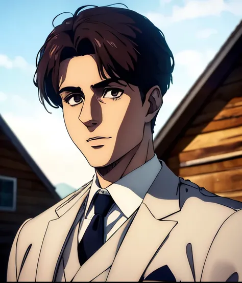 best quality,4k,8k,highres,masterpiece:1.2),ultra-detailed,(realistic,photorealistic,photo-realistic:1.37), a young man , mappa art style, heart-shaped face with sharp jawline, brown almond-shaped eyes with positive canthal tilt , dark brown hair color,...