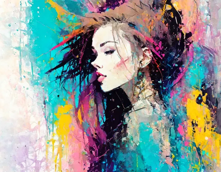 abstract painting, inkpunk,  girl profile, broad brush stroke, smeared patterns, colors, random dripping paint, splashes, graphic portrait