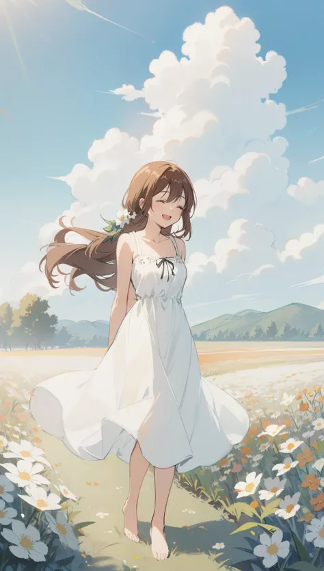 1girl,solo,long hair,smile,open mouth,brown hair,dress,closed eyes,flower,outdoors,sky,barefoot,day,cloud,white dress,arms behind back,sundress,field,