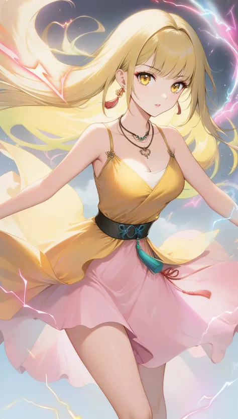 sexy pose,sexy dress,1girl,Bangs,off shoulder,colorful_hair,((colorful hair)),golden dress,yellow eyes,chest,necklace,pink dress,earrings,floating hair,jewelry,sleeveless,very long hair,Looking at the observer,parted lips,pierced,energy,electricity,magic,t...