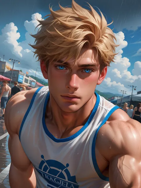 8k,score_9,score_8_up,score_7_up, yaoi, 1boys,gay, detailed, very short hair, blonde hair, freckles, blue eyes, freckles, freckl...