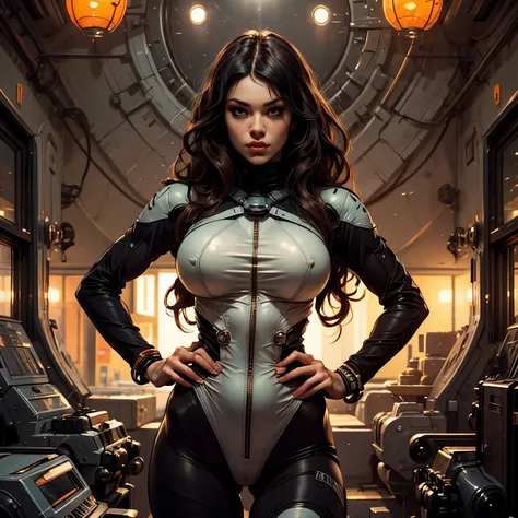 beautiful and sophisticated woman in tight clothing, an erotic, form-fitting, semi-transparent pilot suit、巨大mechaのパイロット、背景は巨大mec...