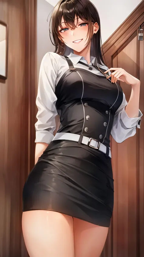 masterpiece, Superior Quality, High resolution, masterpiece, One adult woman, Wicked Smile, Wicked Smile, Evil plan, Brown fur, Black and white outfit , Long Hair, Get the Eyes, mini skirt, Rooms in the house, Holding the key in hand
