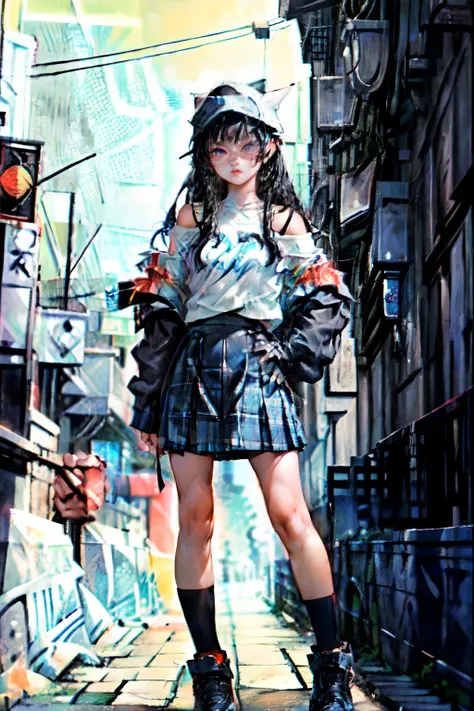 1girl，（​masterpiece，highest quality），(skirt rift)，1girl,solo,long hair,a dark-haired,skyblue hoodie,off shoulder:1.2, mob cap, s...