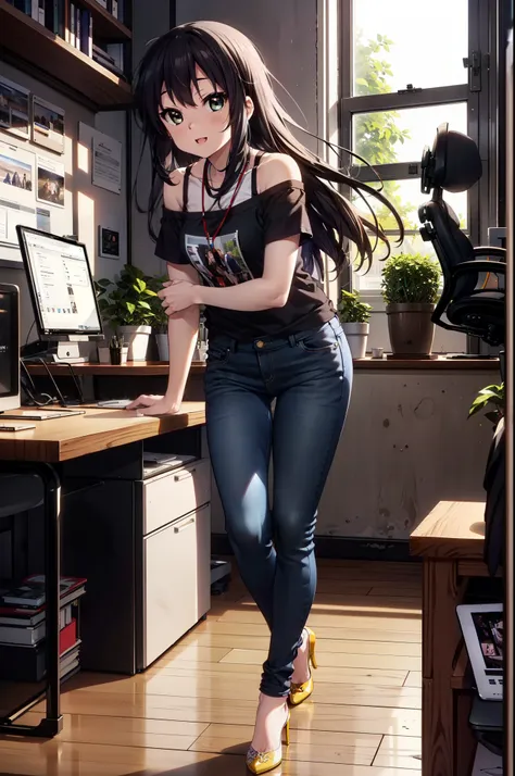 meet, azusa nakano, black hair, (brown eyes:1.5), long hair, straight hair,cold shoulder tops,short sleeve,skinny jeans,stiletto...