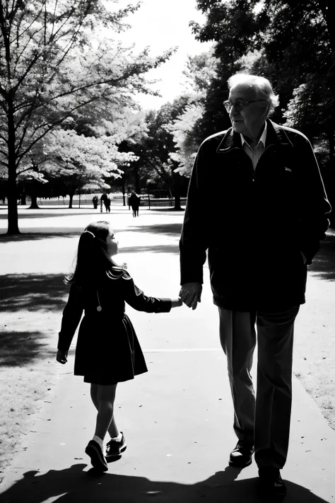 A girl and her grandfather walking through a park. in black and white, Cartoon

