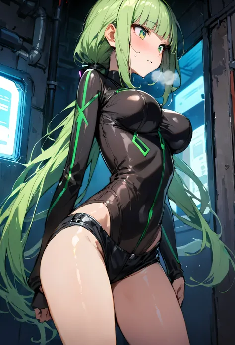 ((masterpiece,Highest quality:1.3)),cowboy shot,1woman,30 year old beauty,Investigator、solo,(very small head:1.3),green hair,(low ponytail),long hair,blunt bangs,green eyes,gorgeous eyes,shy,Heavy breathing、medium breasts,(very long body:1.2),(toned body,s...