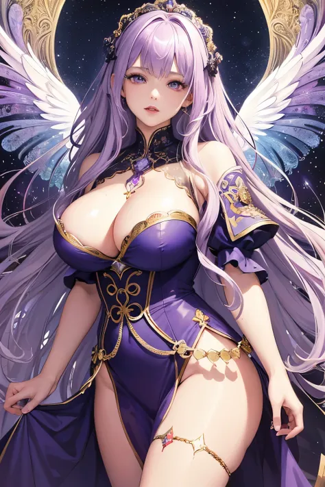 (masterpiece, Highest quality, Highest quality, Official Art, beautifully、aesthetic:1.2), (One girl), Very detailed,(Fractal Art:1.3),colorful,Most detailed, Angle scalpel, Long, curly, light purple hair with an angelic face, big purple eyes and plump red ...