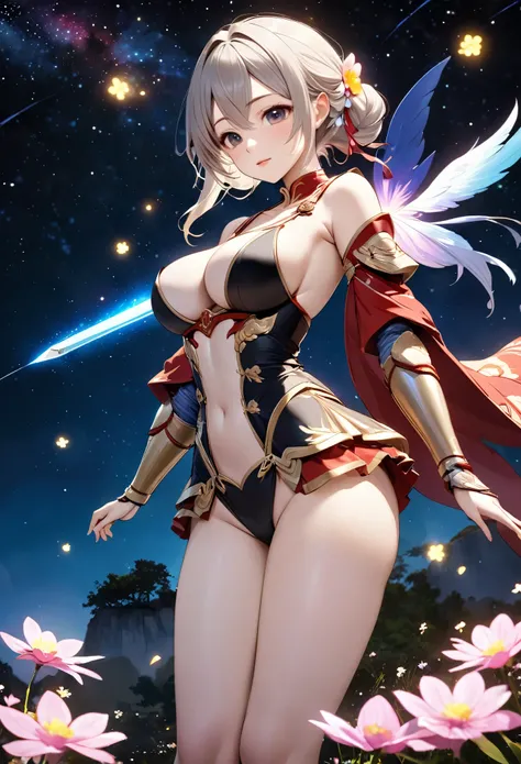 Highest quality, Super quality, 16K, Incredibly absurd, Very detailed, 2.5D, delicate and dynamic, Small faint lights and flying fireflies, night, Starry Sky, milky way, nebula, shooting star, Flowers, birds, wind and moon,erotic, sole sexy lady, healthy s...