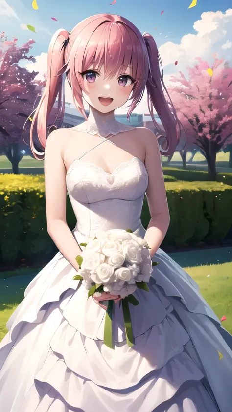 masterpiece, best quality, highres, nana asta deviluke, long hair, twintails, wedding dress, white dress, garden, holding bouque...