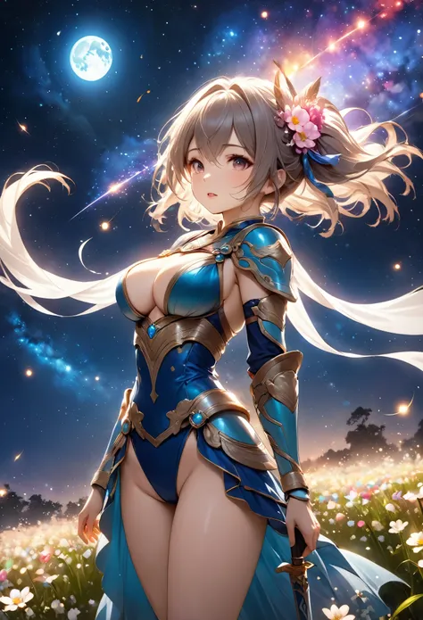 Highest quality, Super quality, 16K, Incredibly absurd, Very detailed, 2.5D, delicate and dynamic, Small faint lights and flying fireflies, night, Starry Sky, milky way, nebula, shooting star, Flowers, birds, wind and moon,erotic, sole sexy lady, healthy s...