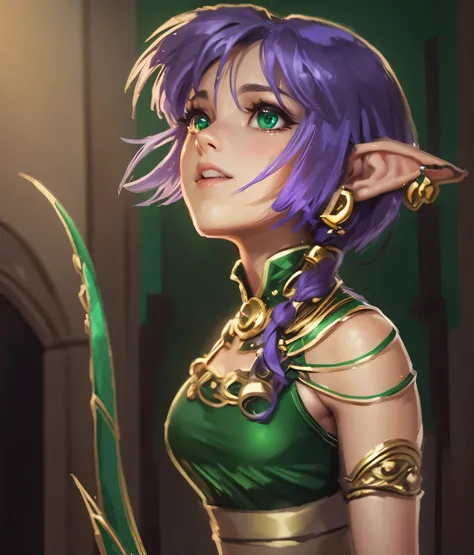 a close up of a person with a bow and a green dress, elf girl, pixie character, female elf, she has elf ears and gold eyes, best anime character design, goblin girl dnd character, elven character with smirk, jrpg character art, a middle aged elf, alluring ...